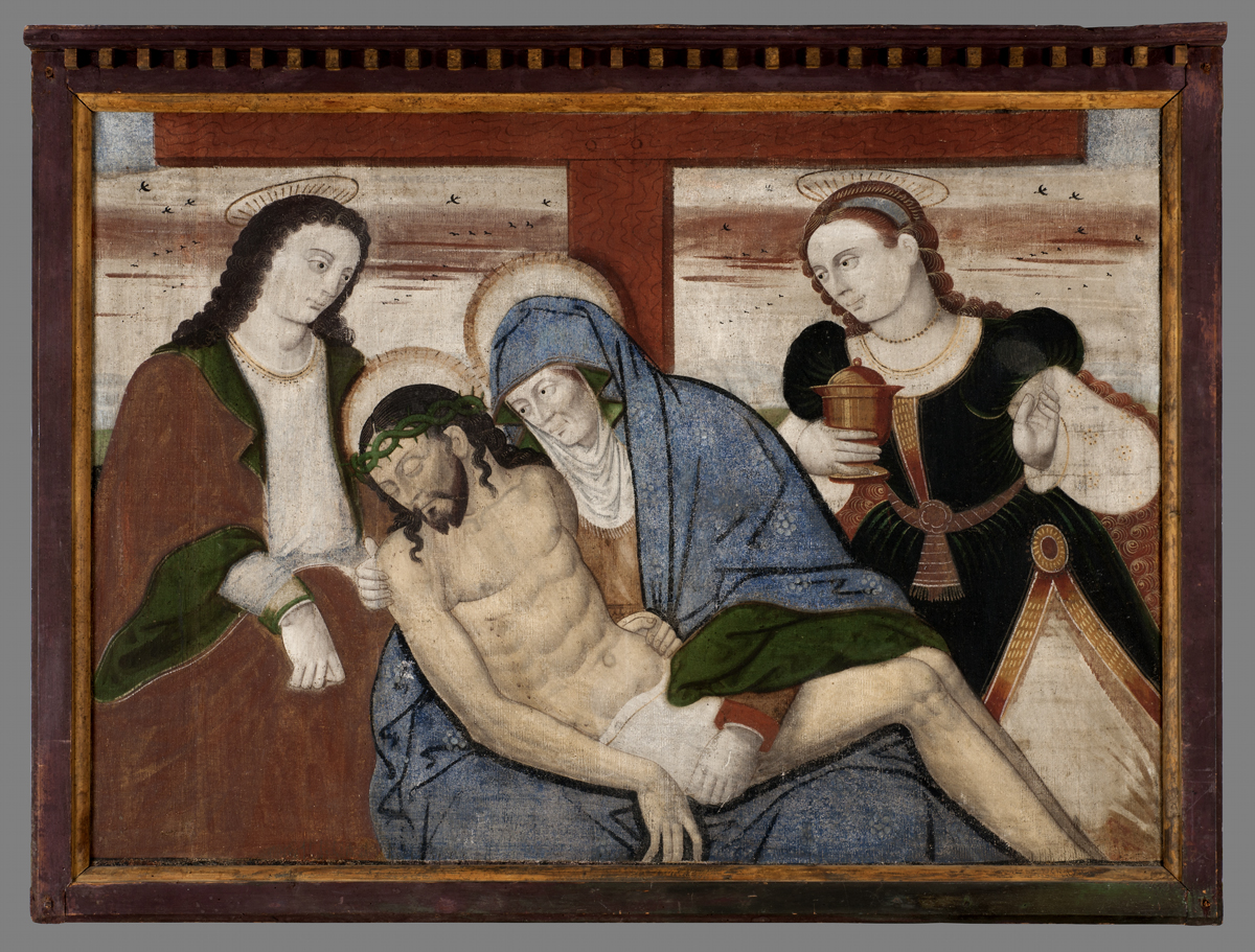 Un tableau de quatre personnes: trois femmes se penchant sur Jésus au pied de la croix. Tous ont une auréole au-dessus de la tête. 